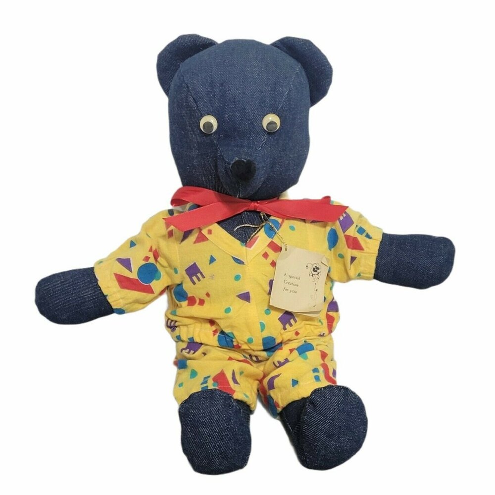 Handmade 17" Denim Teddy Bear Plush Stuffed Animal Googly Eyes Lovely Vintage